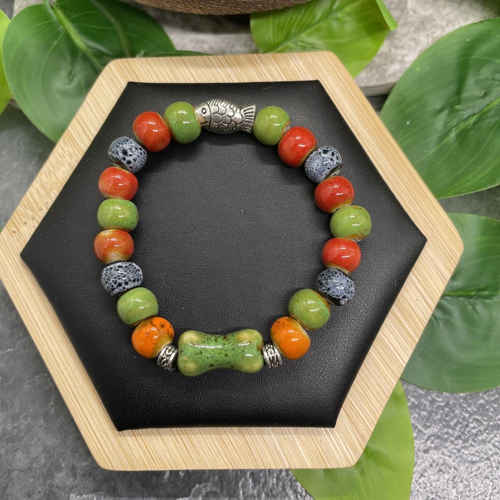 Handmade Ceramic Bead Beaded Stackable 6” Plus Stretch Bracelet New B23