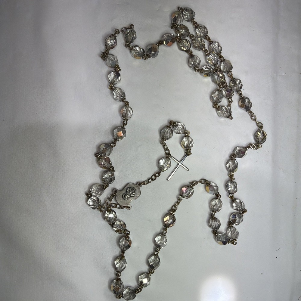 Signed Italy Silver Tone and Clear Beads Rosay