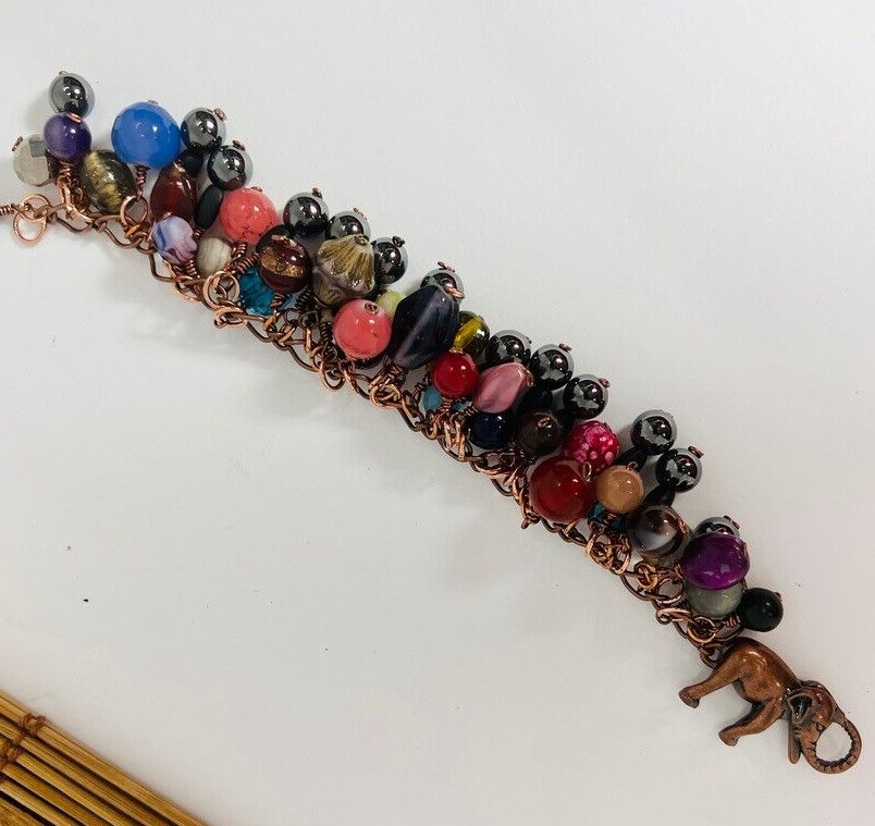 Gemstone Bead Copper Tone Elephant Closure Dangle Bracelet Boho MultiColor