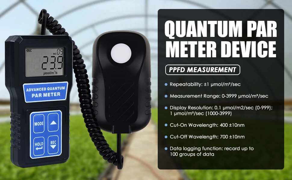PAR Meter Light Tester PPFD Photosynthesis Quantum Meter Wavelength W/ Sensor