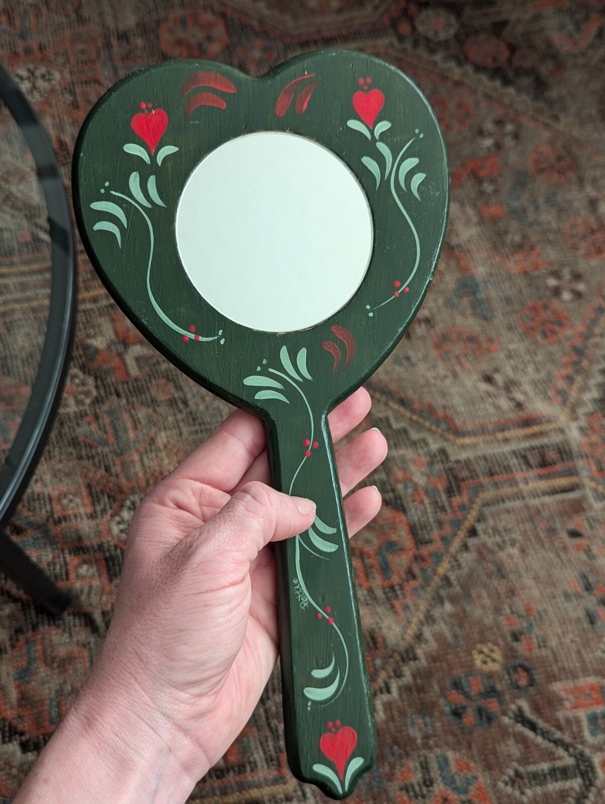 Vtg Hand Mirror Vanity Folk Art Handmade Home Green Wood Tole Painted Floral