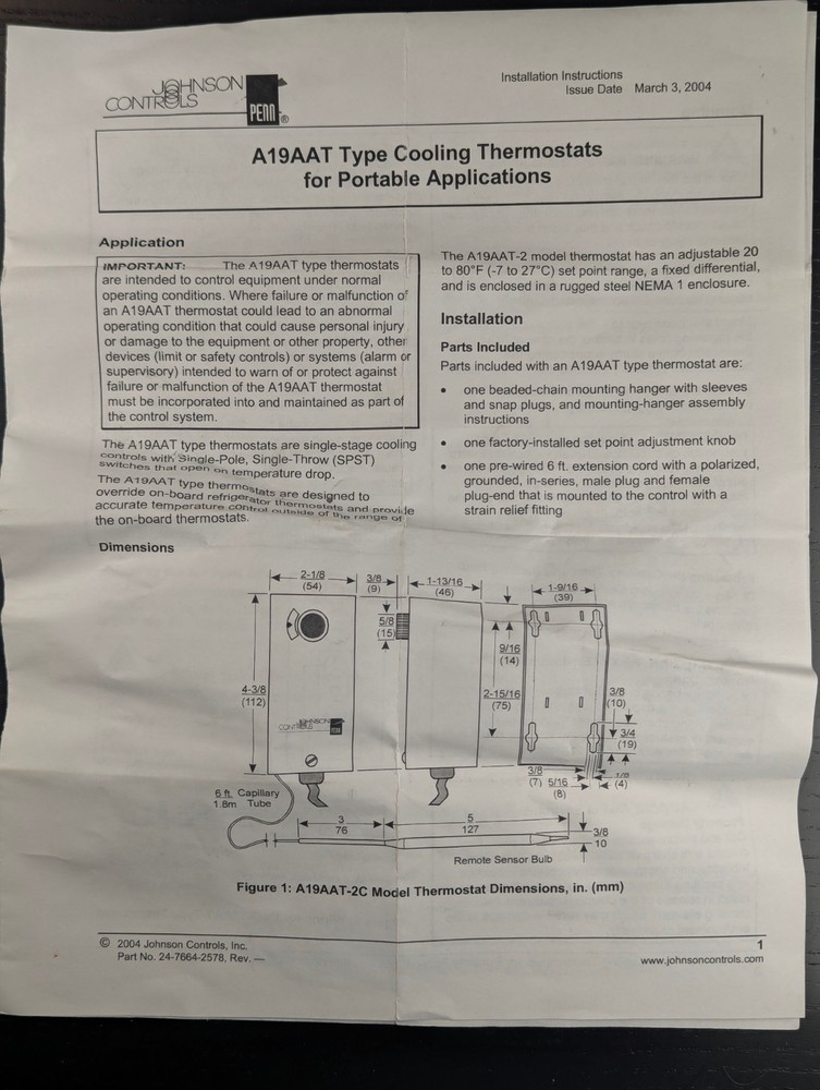 Johnson Controls A19AAT-2C Type Cooling Thermostat Portable Controller