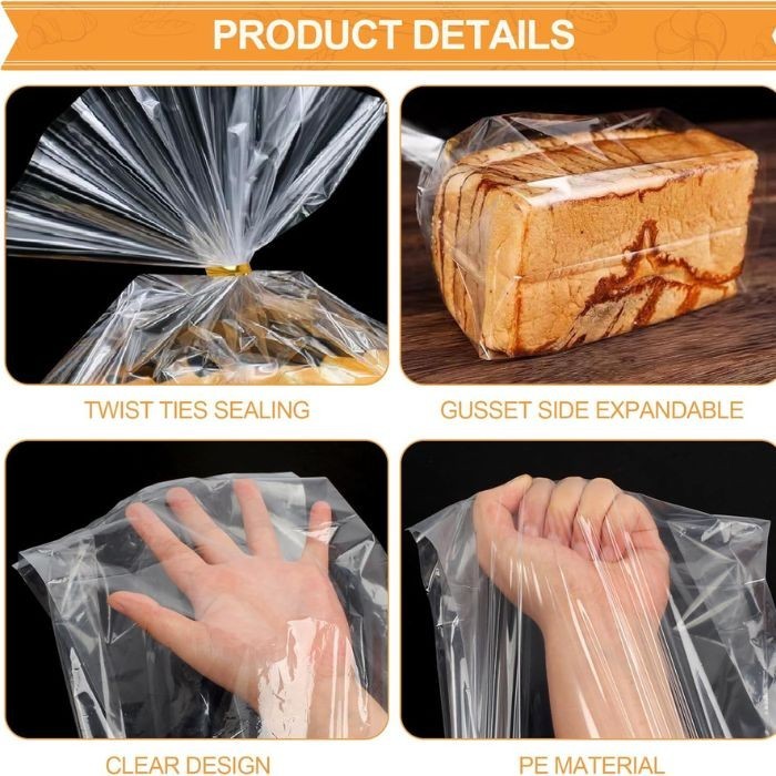 70 Pack Bread Bags with 100 Ties – 8"x4"x18" Clear Reusable Plastic Loaf Bags
