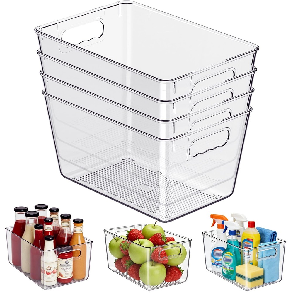 Clear Plastic Storage Bins 4-Pack Stackable Pantry Organizers and Containers