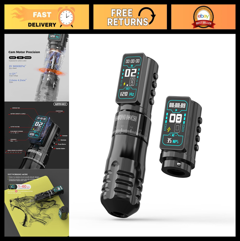 Wireless Tattoo Machine - Adjustable Stroke, Cordless Rotary Pen, 2PCS Battery,