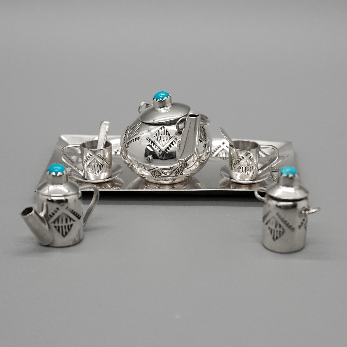 TEN PIECE MINIATURE TEA SET STERLING with TURQUOISE by WESLEY WHITMAN–NAVAJO