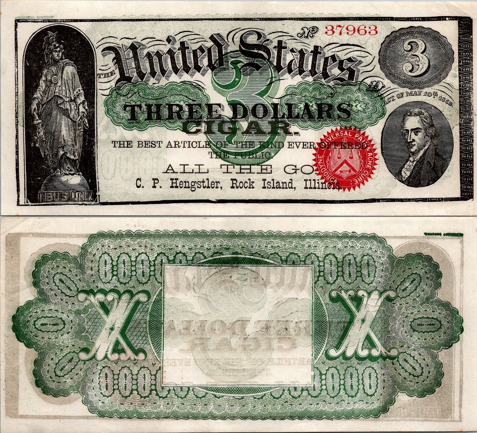 United States 3 Dollars Cigar Advertising Notes RARE UNC
