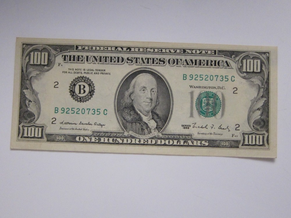 1988 $100 Printing Error on Back #B92520735C