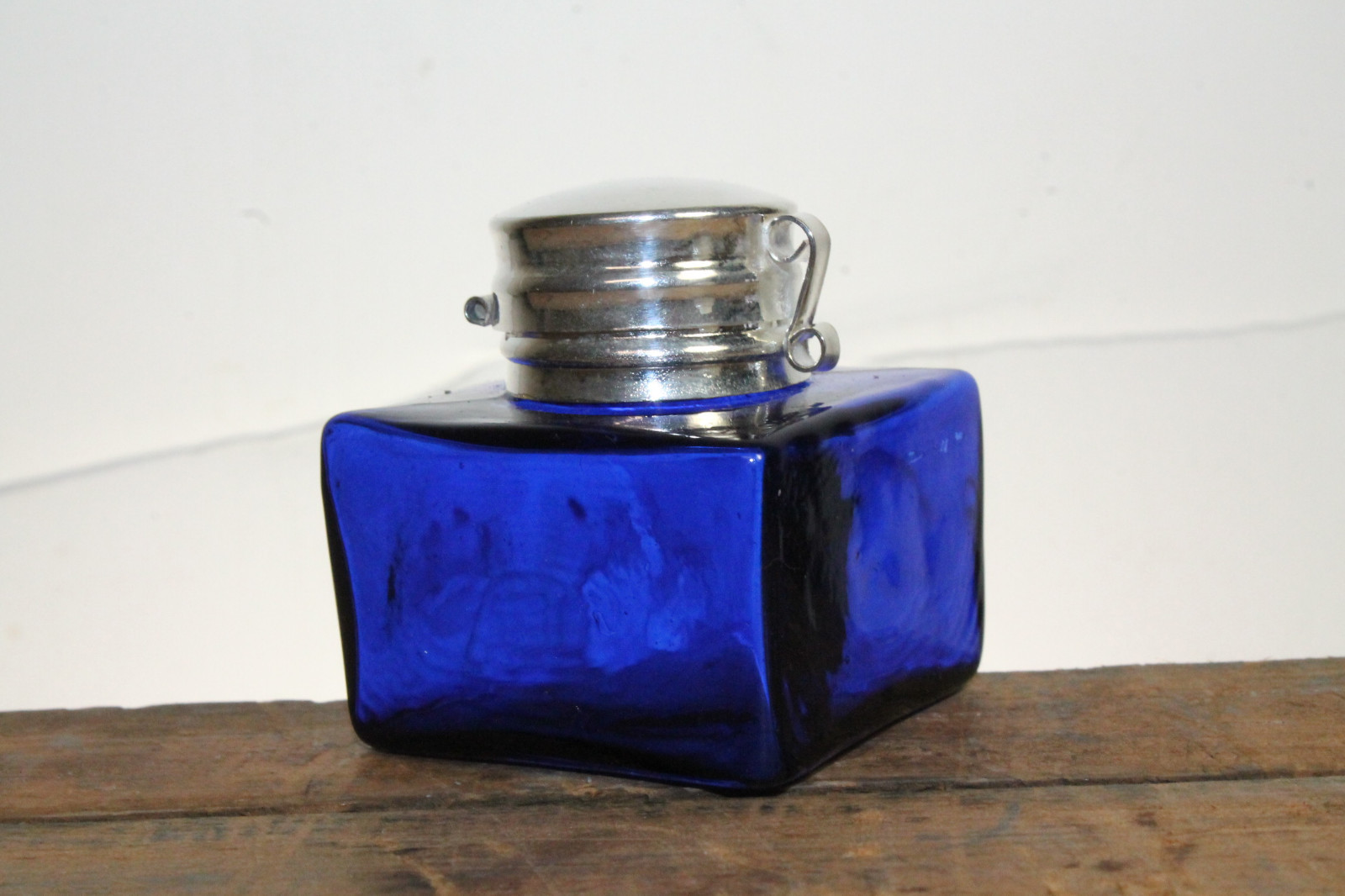 Vintage Antique Style Square Cobalt Blue Glass Inkwell Bottle ink