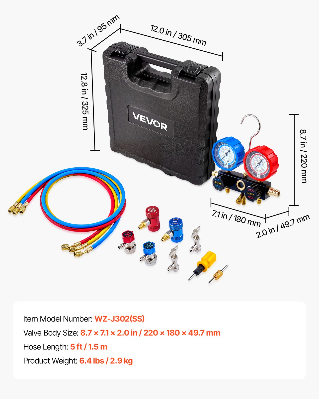 VEVOR AC Manifold Gauge Set 3-Way R134a R404A R1234yf R22 Refrigeration Charging
