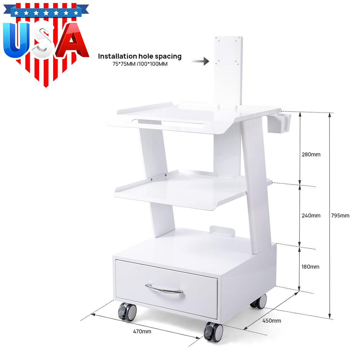 USA Dental Mouth Sweeping Trolley Instrument Cart With Socket Cold Rolled