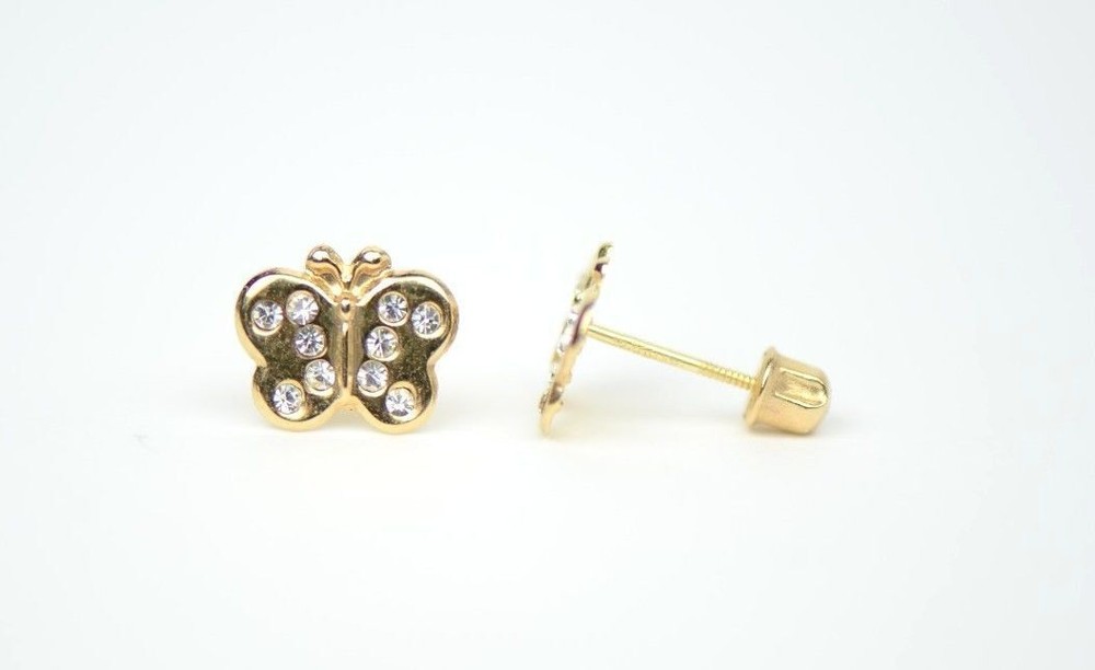 14K Solid Yellow Gold Butterfly Stud Earring with CZ