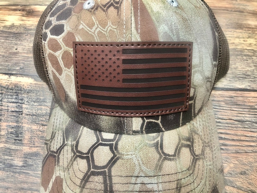 Kryptek Highlander Camo Meshback Snapback Hat/Cap w/ Leather American Flag Patch