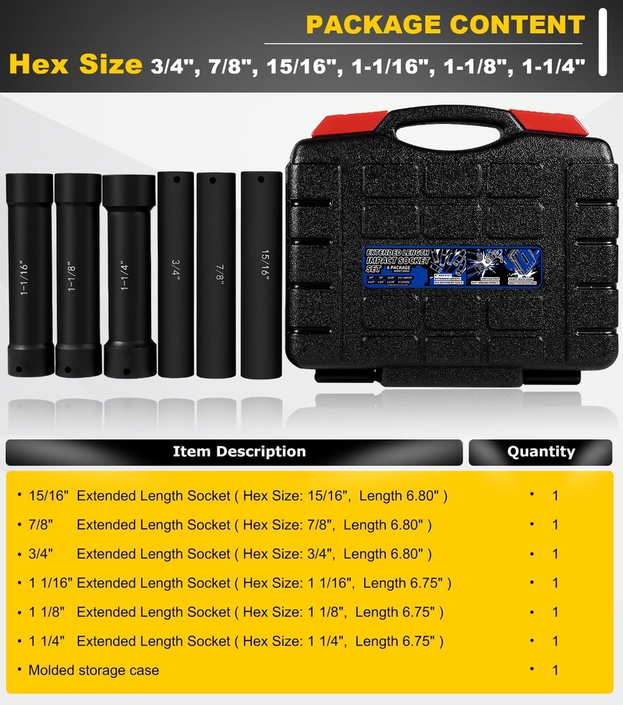1/2 Inch Drive Extended Length Impact Socket Set - 6 Piece Extra Deep Impact ...