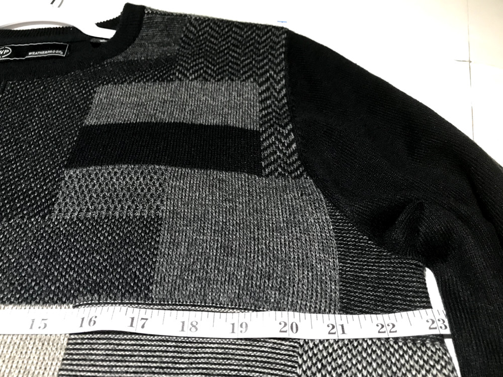 Weatherproof, Men XL, Black/Gray Patchwork Pattern Knit Pullover Sweater Retro