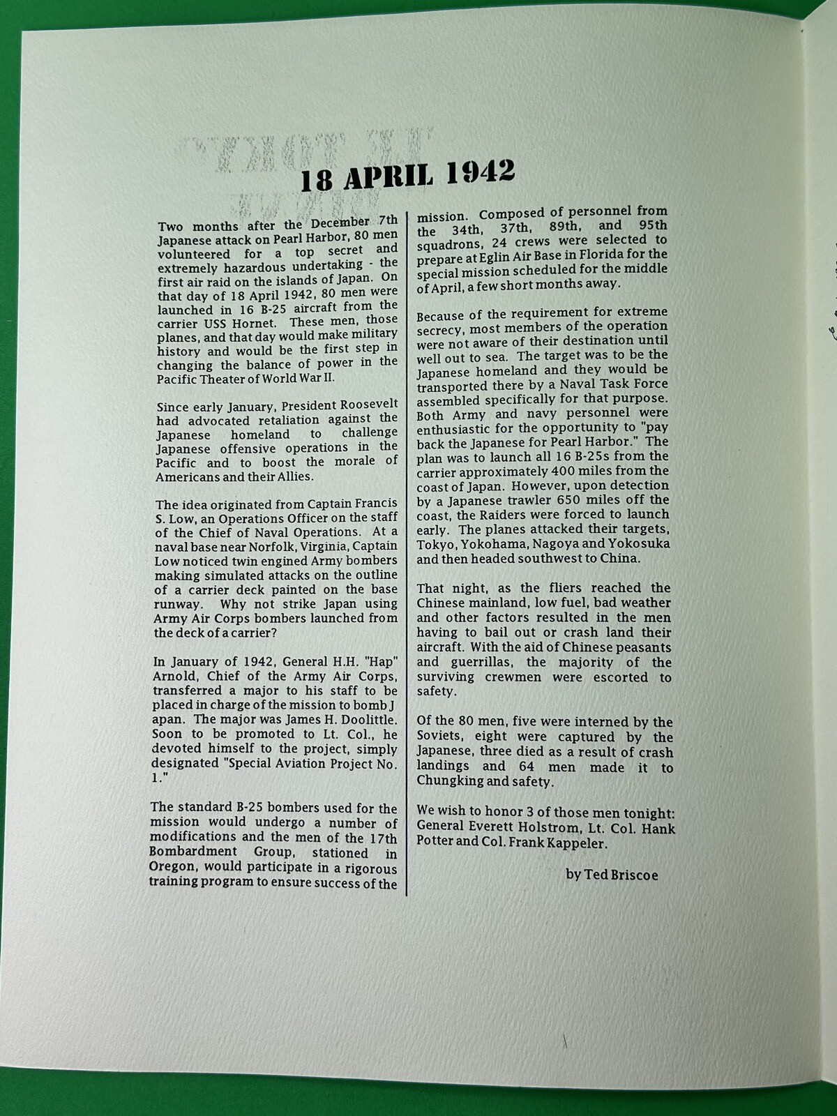 Signed Doolittle Tokyo Raiders Dinner Program - by Holstrom+Potter+Kappeler