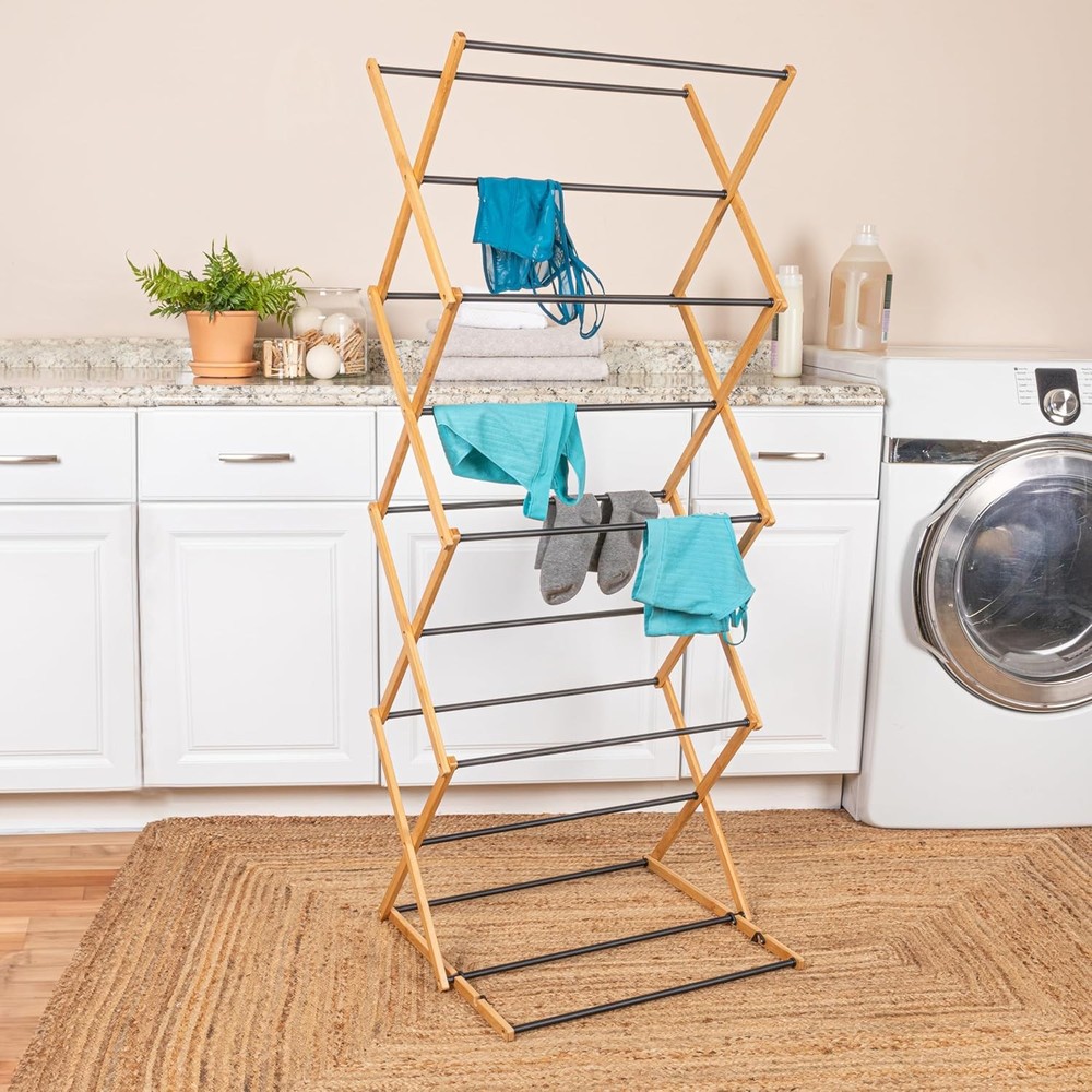 Bamboo Adjustable Folding Clothes Drying Rack Upscale Laundry Rack