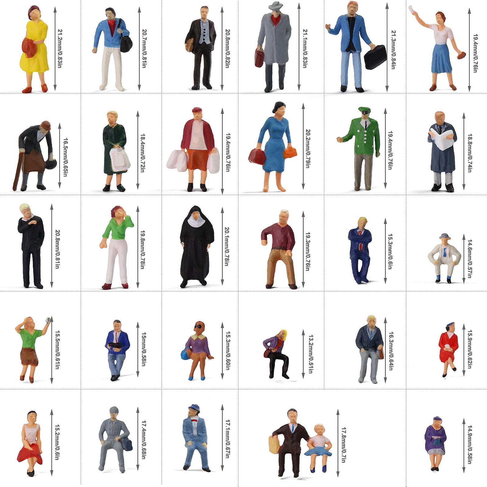60pcs Different Poses HO Scale 1:87 Well Painted Standing Seated People Figures
