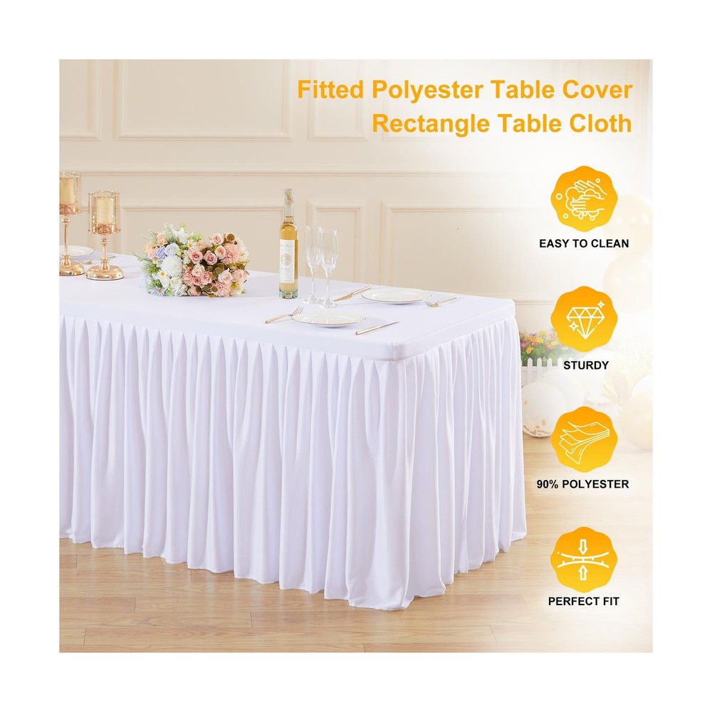 6 Pack White Rectangle Table Clothes for 8 Foot Tables, Polyester Fitted Tabl...