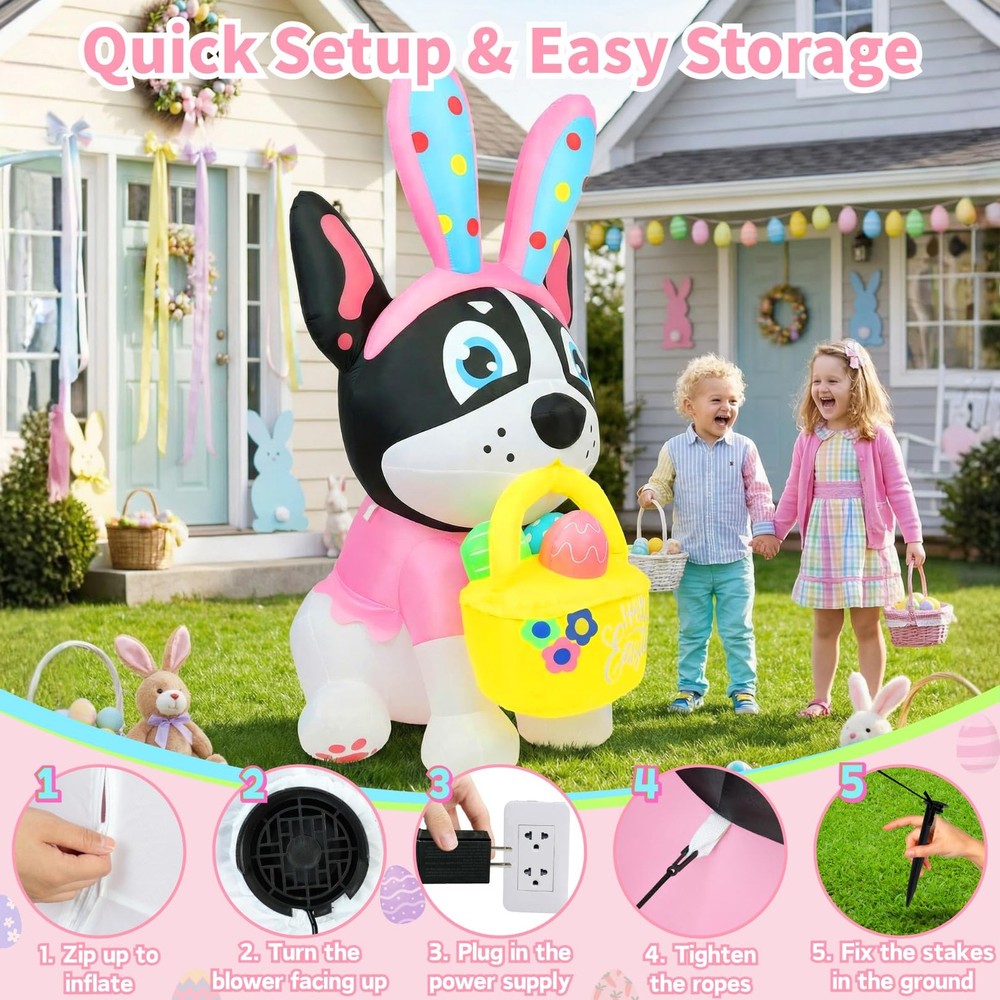 5FT Easter Inflatable French Bulldog with Egg Basket Yard Multicolor