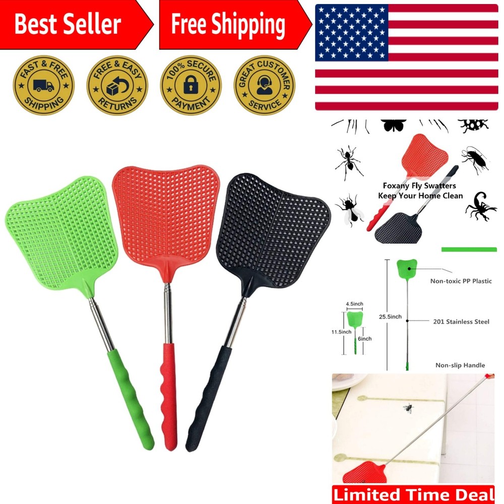 Heavy Duty Extendable Fly Swatter Set - Telescopic 3-Pack for Ultimate Control