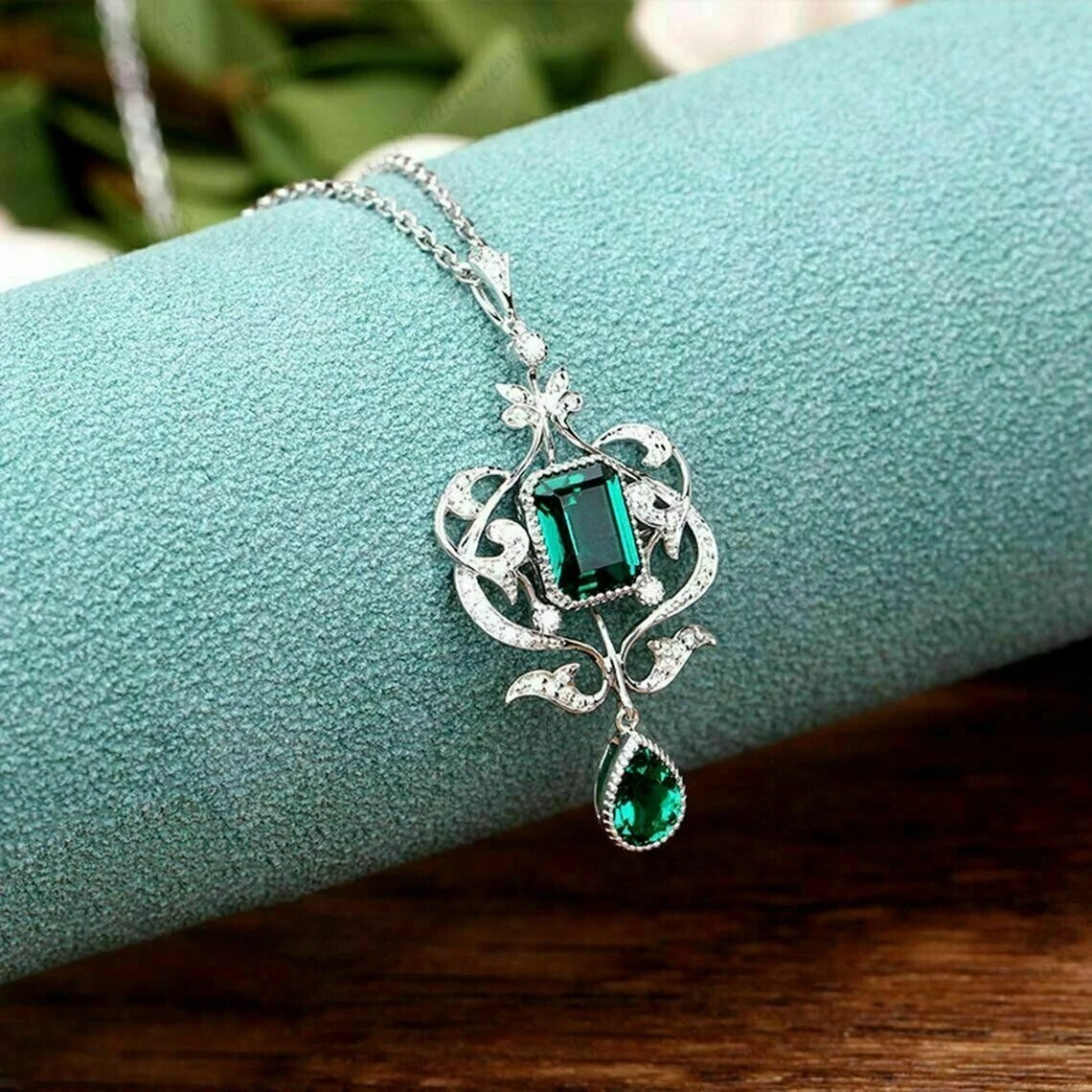 Art Deco Pear Emerald & Lab Created Diamond Floral Wedding 925 Silver Pendant