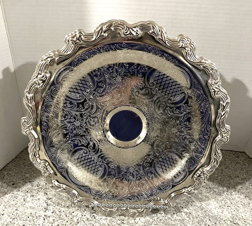 International Silver Co. Round Serving Platter w/ Etching & Scroll Edge