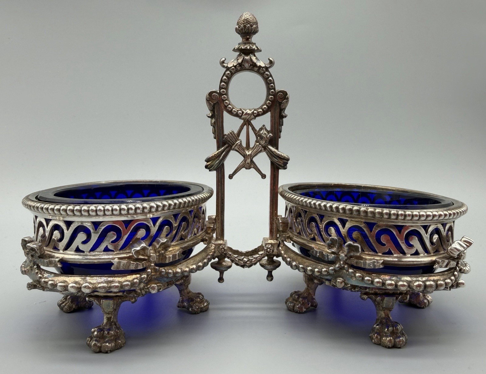 Belgian .900 Silver Double Salt Cellar with Cobalt Glass Liners, 334 grams
