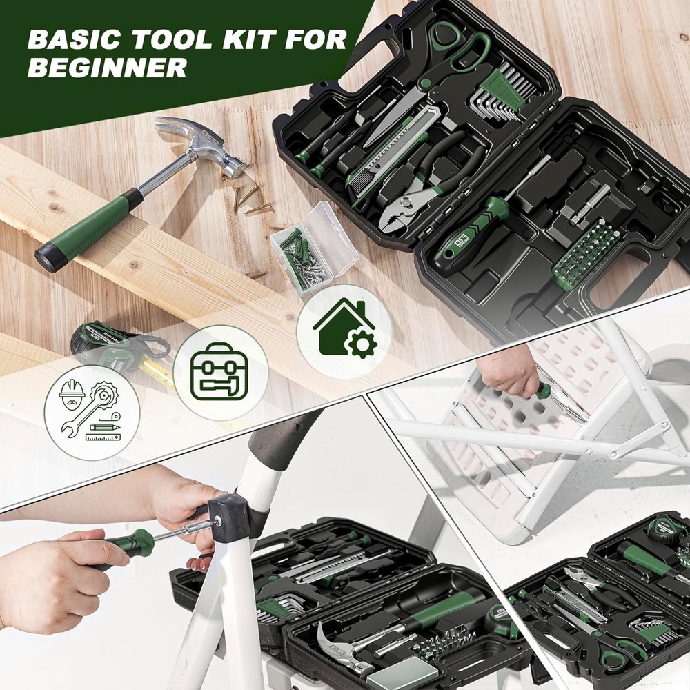 Tool Kit 93 Piece Basic Household Repair Set Green