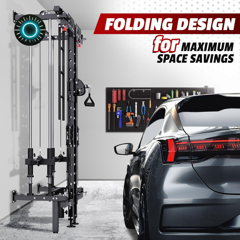 Folding Power Rack Wall Mounted Squat Rack with Cable Crossover Machine & LA...