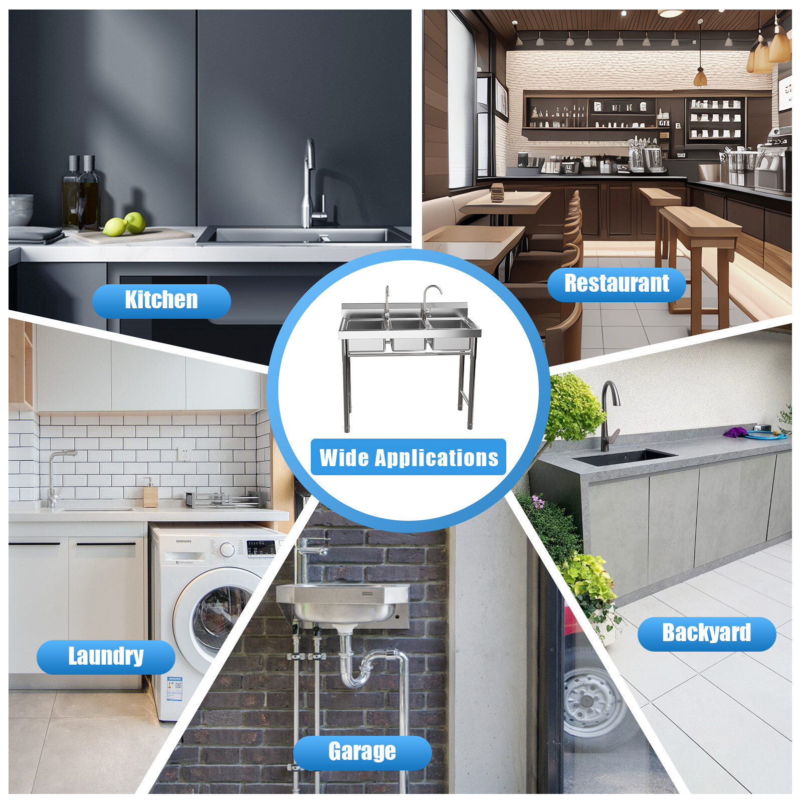 Commercial Stainless Steel 3-Compartment Sink for Kitchen & Catering Use