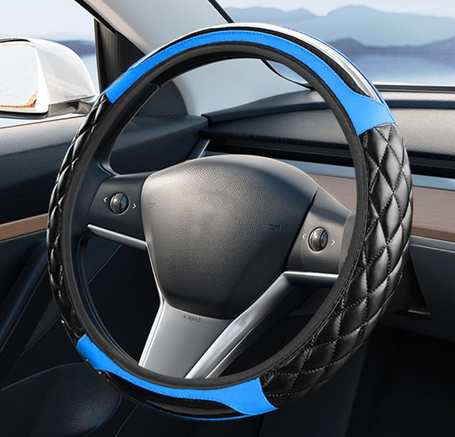 Car Steering Wheel Cover, 15 Inch Elastic Stretch Carbon Fiber Leather Anti-Slip