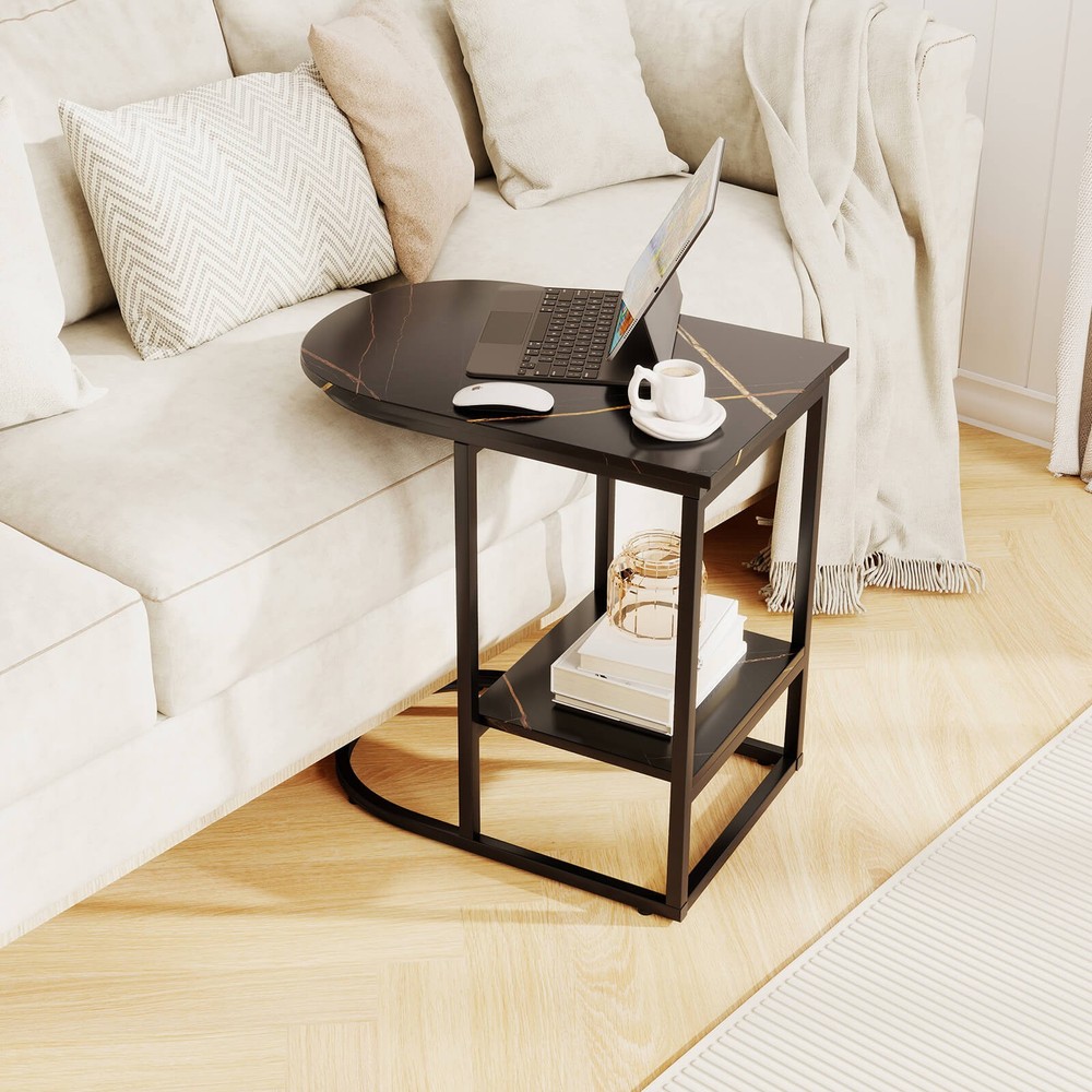 2PCS C-Shaped Side Table Compact 2-tier Storage End Table for Small Space Black