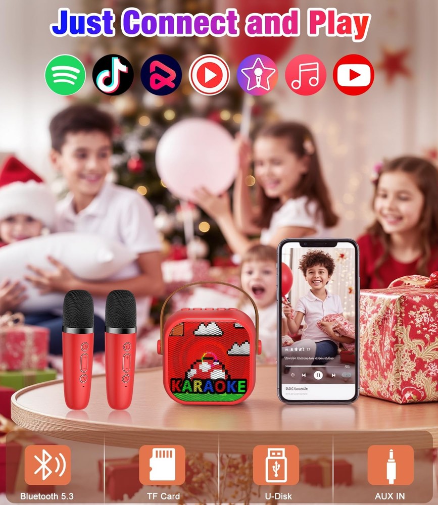 Mini Karaoke Machine, Portable Bluetooth Speaker with 2 Wireless Microphones ...