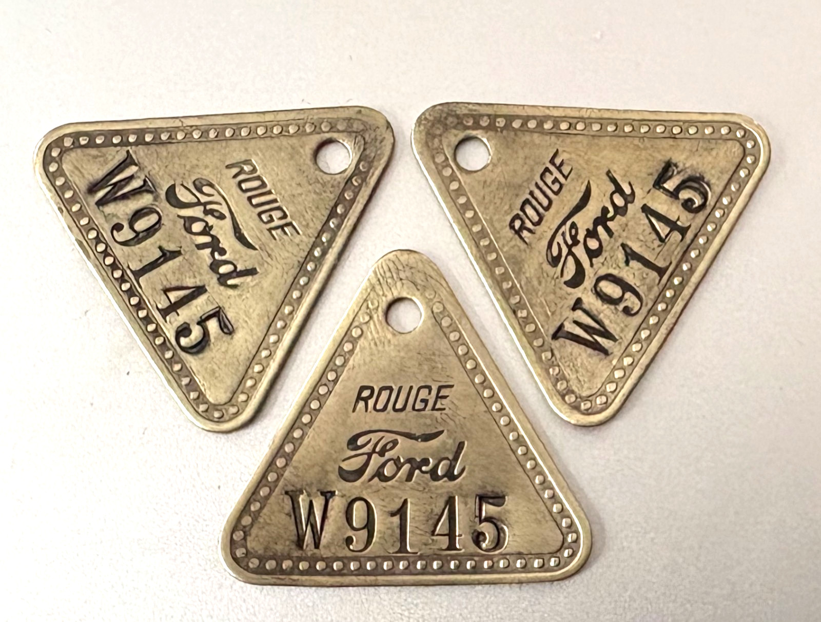 VTG 3 Matched Tool Check Brass Tags: FORD ROUGE Factory: "W" Tool & Die Facility