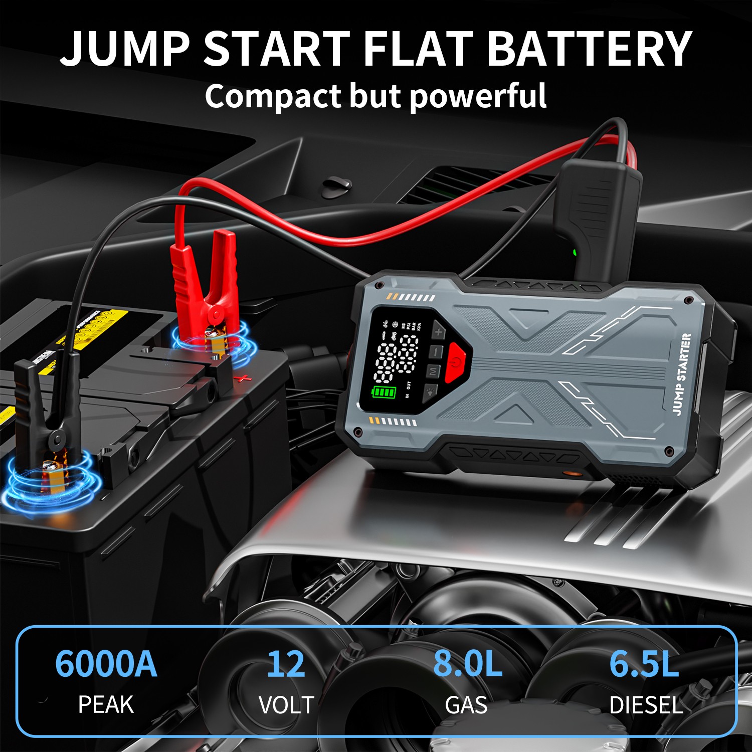 6000A Jump Starter with Air Compressor Ortable 12V Car Battery Booster PowerBank