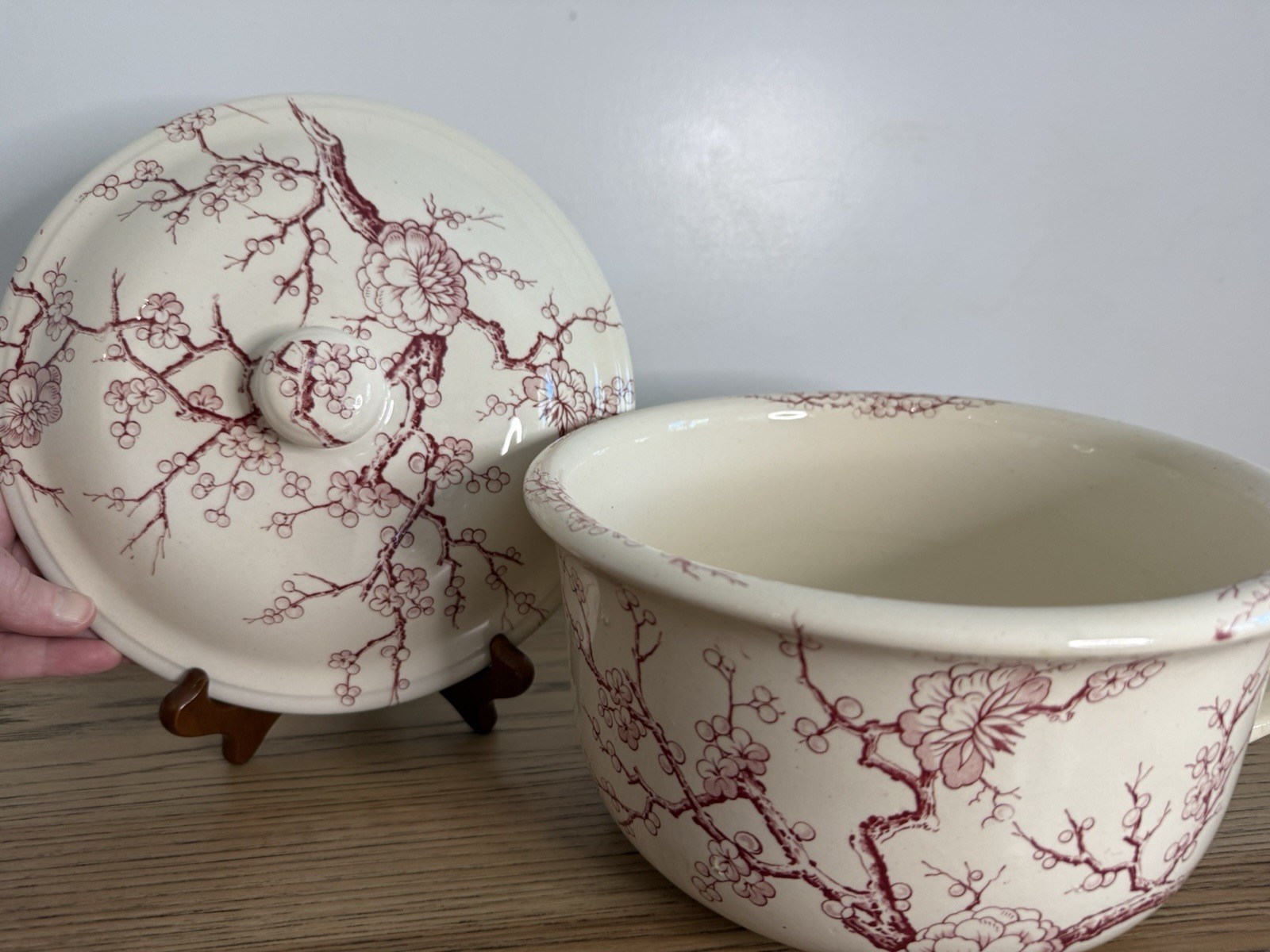 Antique Chamber Pot With A Red Transferware Pattern