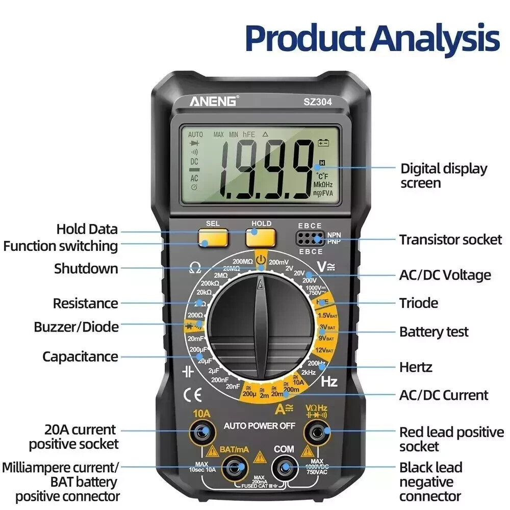 SZ304 Multifunction 1999 Counts Digital Multimeter True RMS Handheld