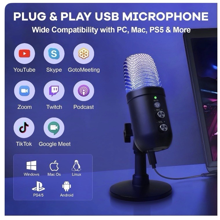 USB RGB Condenser Microphone Gaming Mic for PC PS4 PS5 Streaming