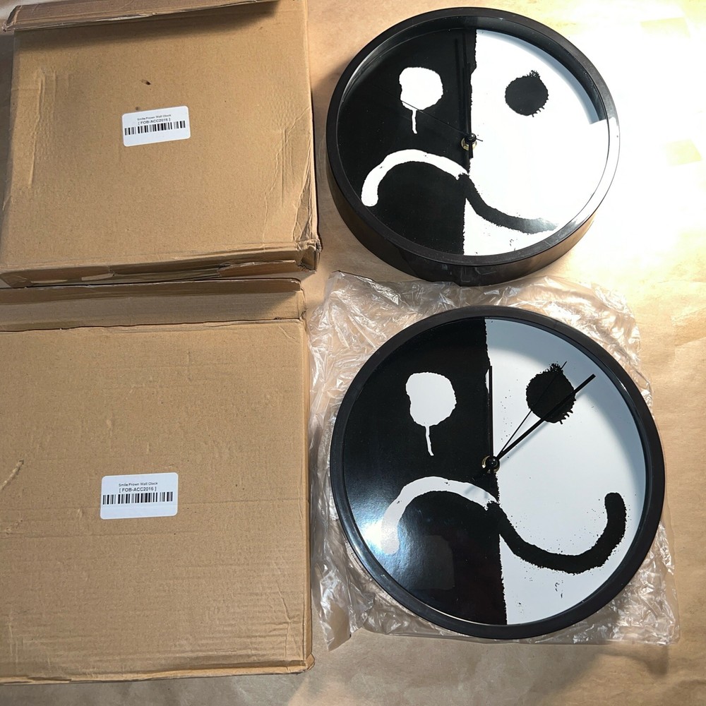 Two Smiley/Frown Wall Clocks - 9.75” Diameter