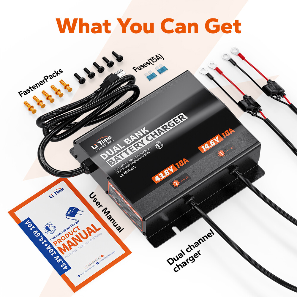 LiTime 12V (14.6V)+36V (43.8V) 10A Dual Bank Smart Charger for LiFePO4 Battery