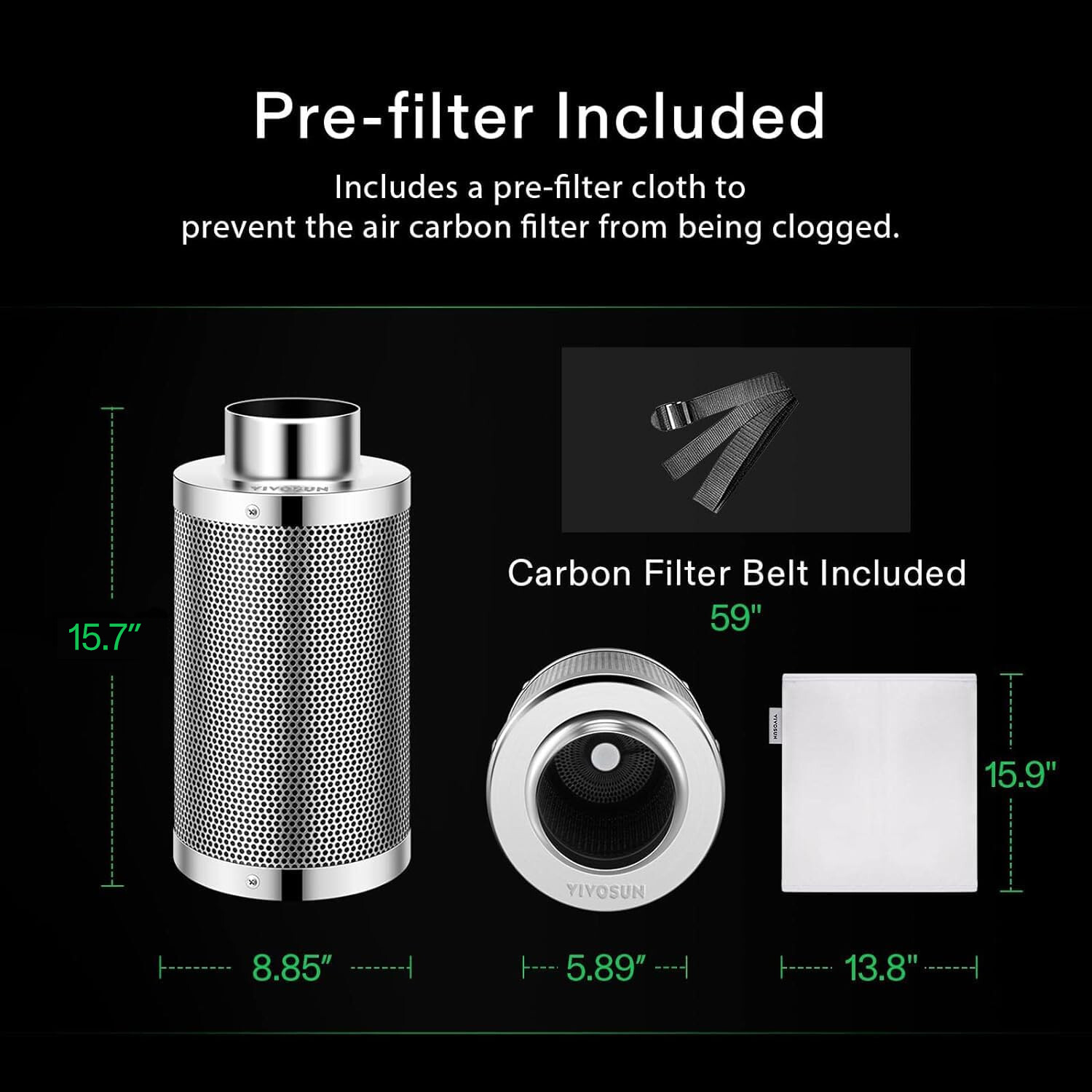 VIVOSUN 6" Air Carbon Filter Australian Carbon for Ventilation w/ 2PC Pre-Filter