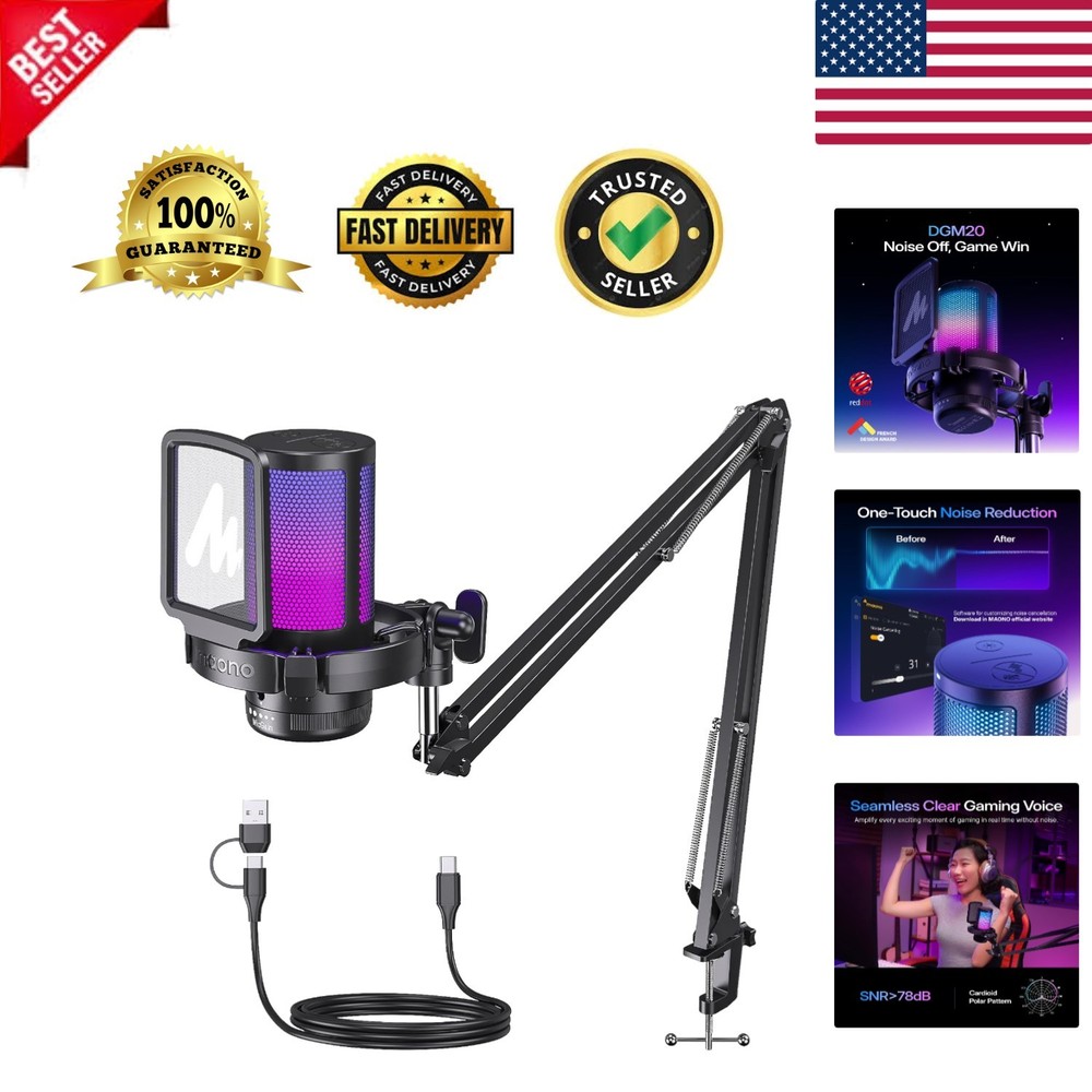 Dynamic USB Condenser Microphone with Adjustable Gain & Boom Stand for Streaming