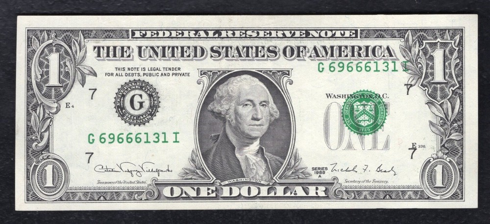 1988-A $1 FRN FEDERAL RESERVE NOTE “PRINT SHIFT ERROR” ABOUT UNCIRCULATED