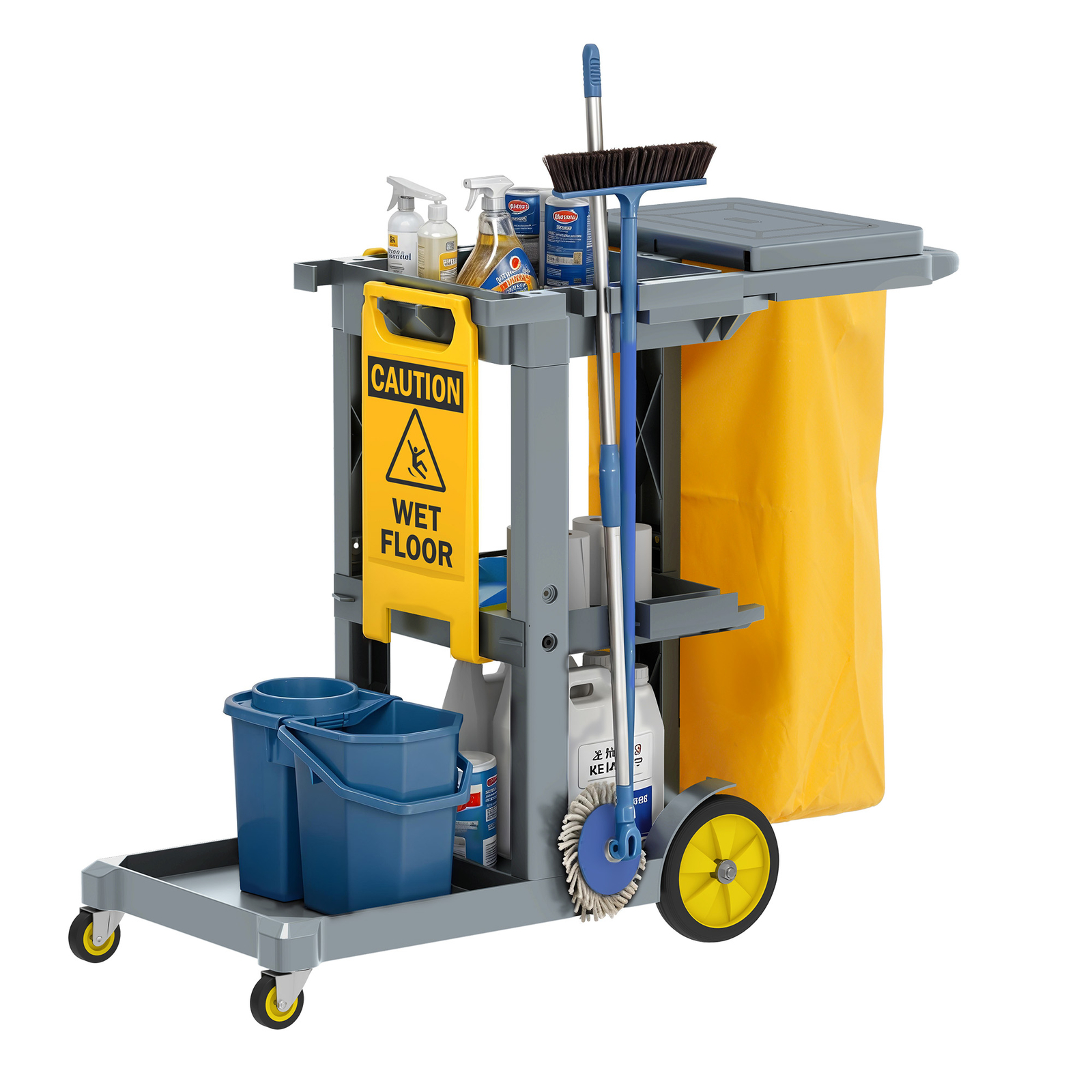 3-Shelf Janitorial Cleaning Cart w/ 2 Trash Bags Commercial Housekeeping Trolley