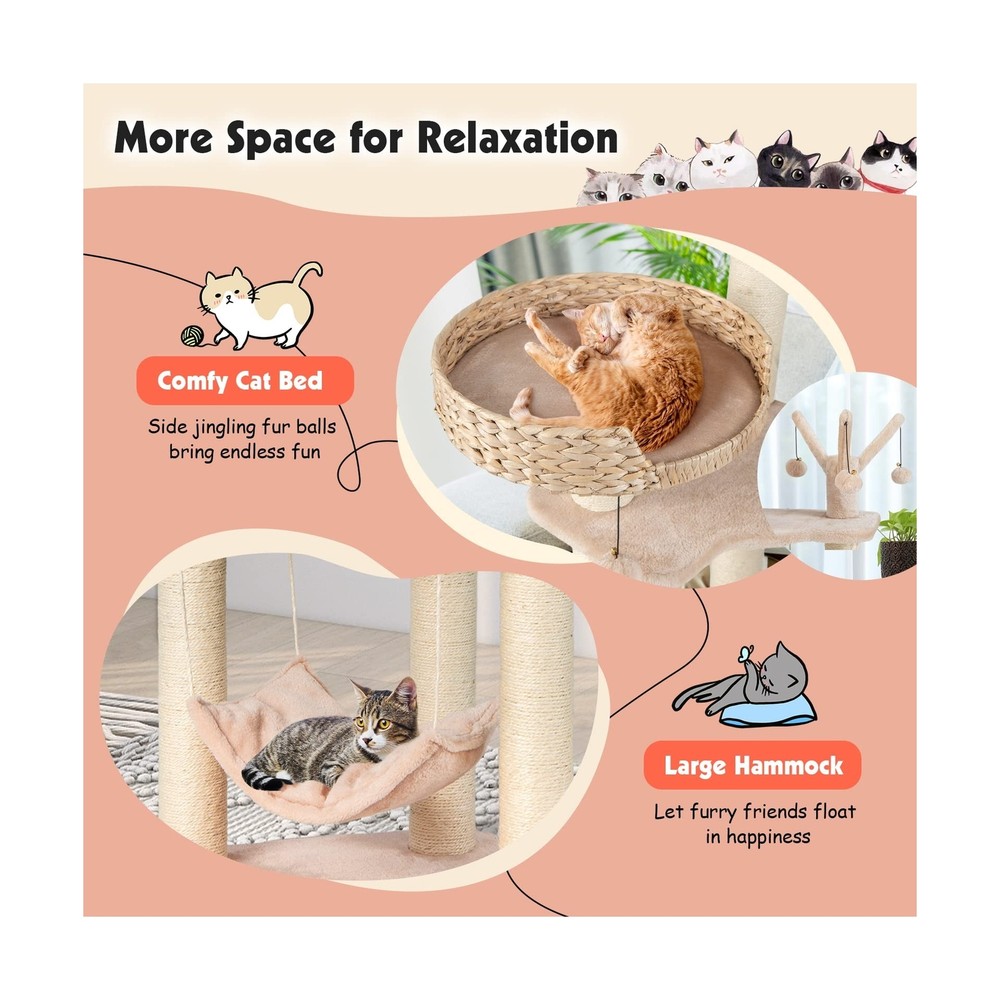 PETSITE Woven Cat Tree, Modern Cat Tower with Hammock & Scratching Posts, Cat...