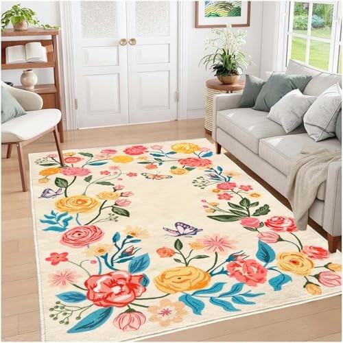 Rugs for Living Room Area Rug 6x9, Large Carpet Non Slip Floral Low Pile Soft