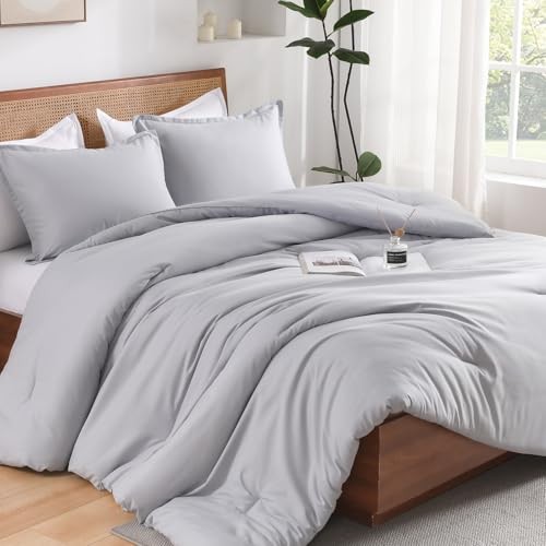 Queen Comforter Set, Boho Solid Reversible Bedding Queen (90"x90") Silver Grey