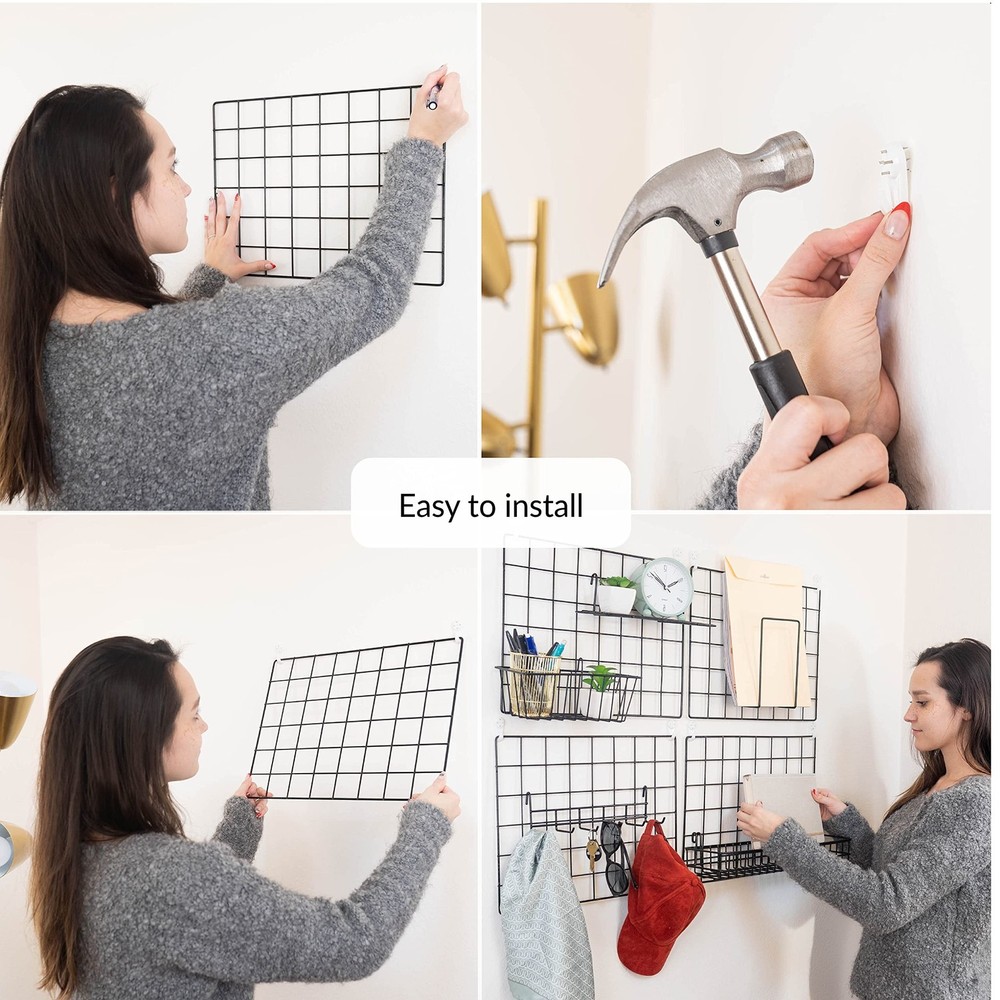 2 Pack Wire Wall Grid Panel With Accessories | Includes Hanging Basket, Shelf...