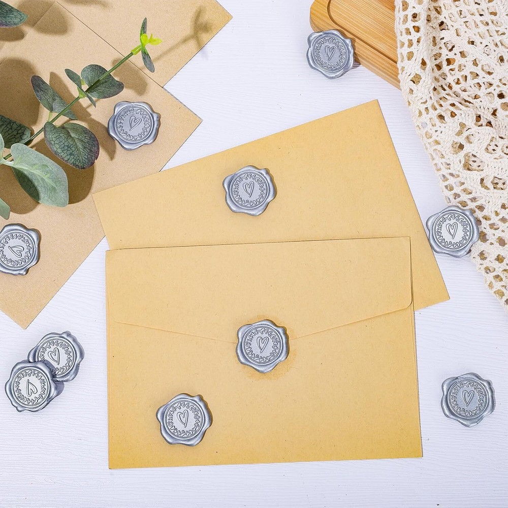 Whaline 50Pcs Embossed Wax Seal Stickers Silver Heart Pattern Envelope